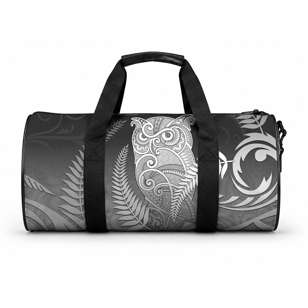 New Zealand Aotearoa Ruru Duffle Bag Maori Fern Art Black