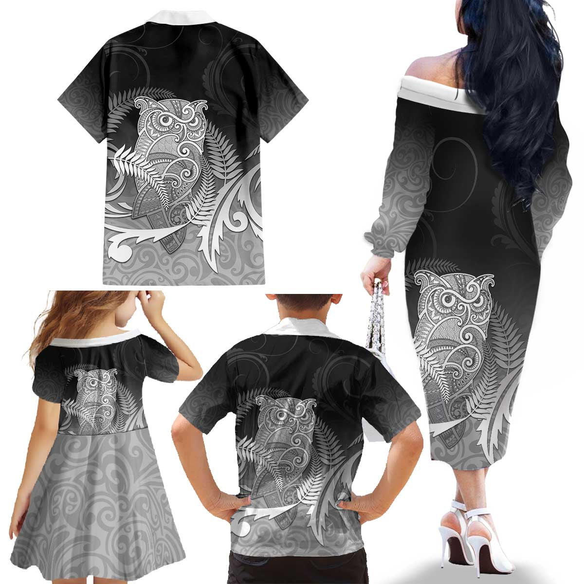 New Zealand Aotearoa Ruru Family Matching Off The Shoulder Long Sleeve Dress and Hawaiian Shirt Maori Fern Art Black