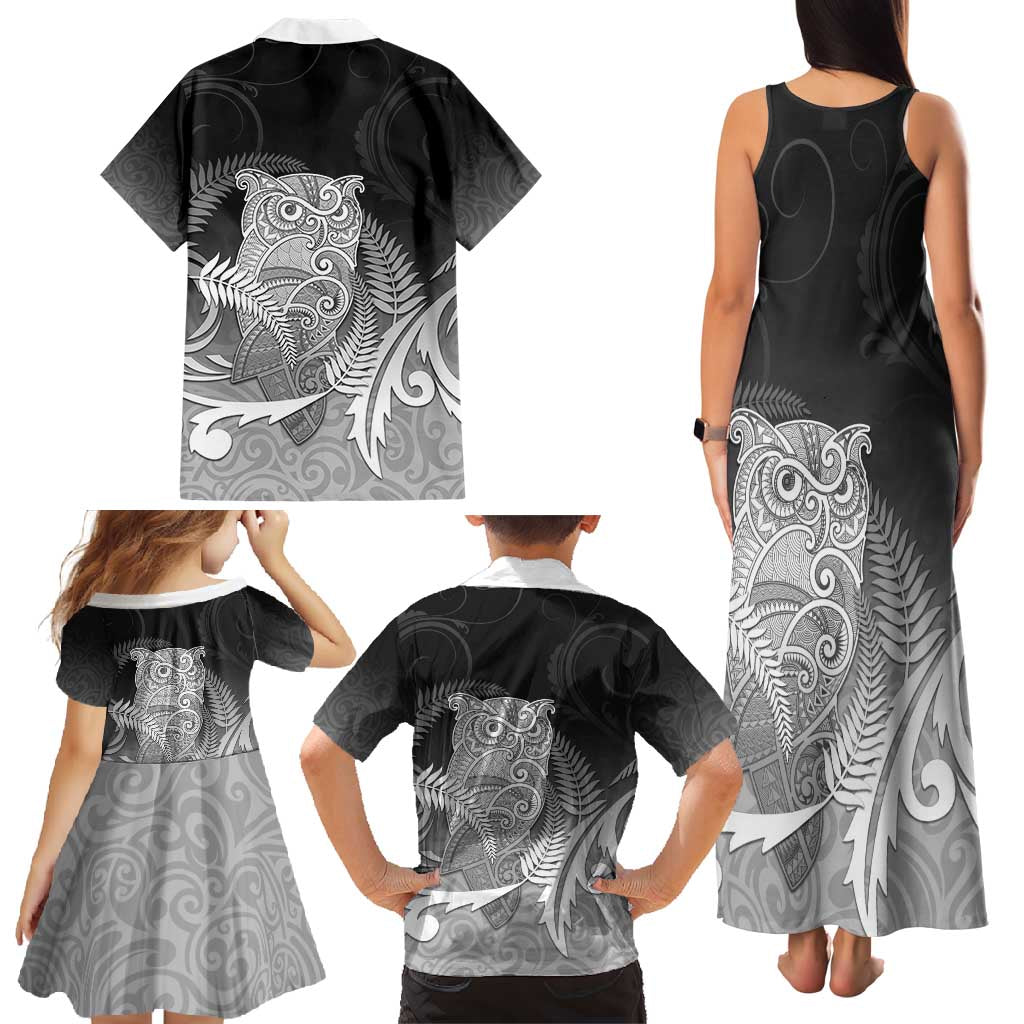 New Zealand Aotearoa Ruru Family Matching Tank Maxi Dress and Hawaiian Shirt Maori Fern Art Black