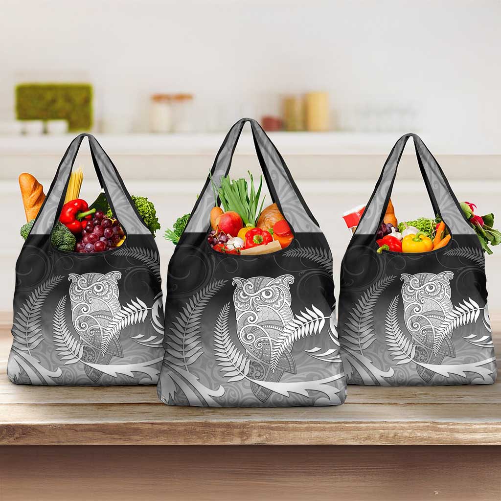 New Zealand Aotearoa Ruru Grocery Bag Maori Fern Art Black