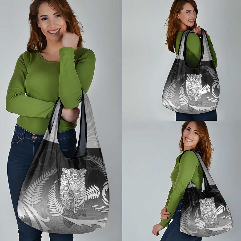 New Zealand Aotearoa Ruru Grocery Bag Maori Fern Art Black