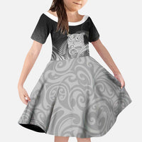New Zealand Aotearoa Ruru Kid Short Sleeve Dress Maori Fern Art Black