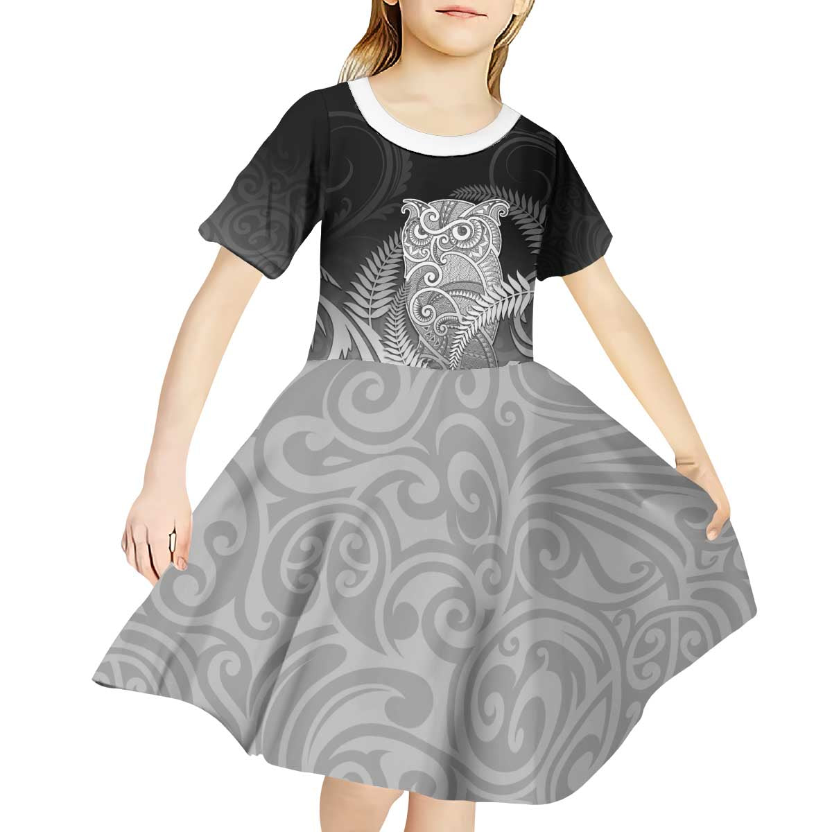 New Zealand Aotearoa Ruru Kid Short Sleeve Dress Maori Fern Art Black