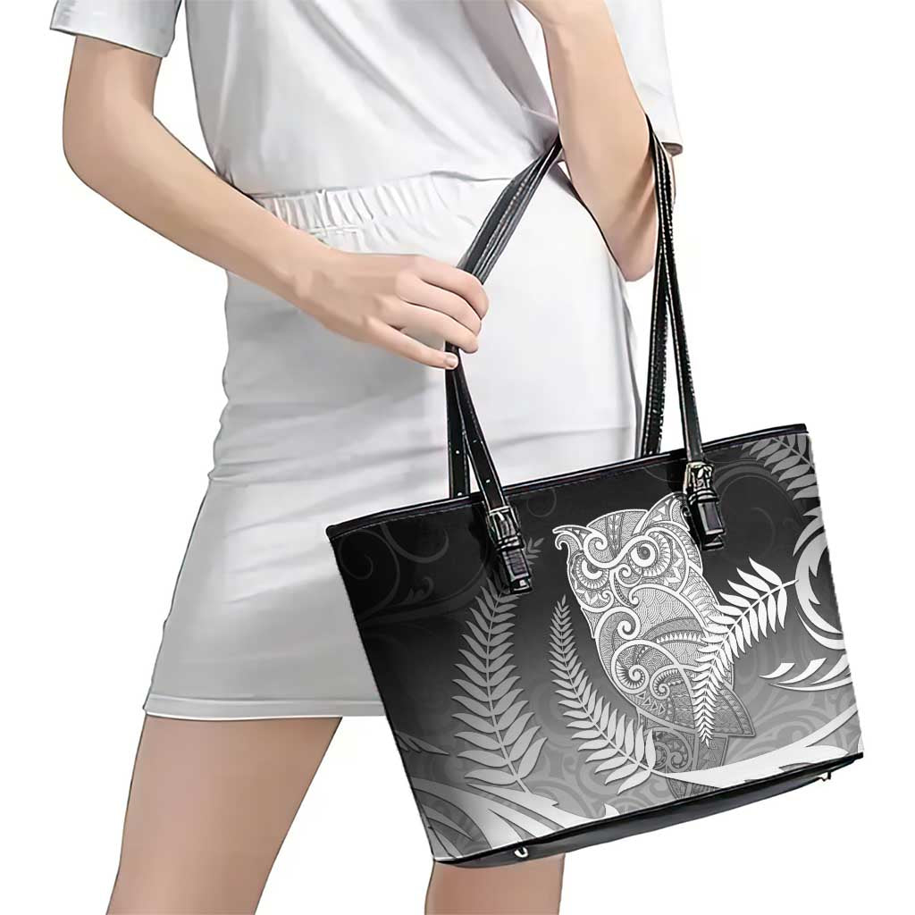 New Zealand Aotearoa Ruru Leather Tote Bag Maori Fern Art Black