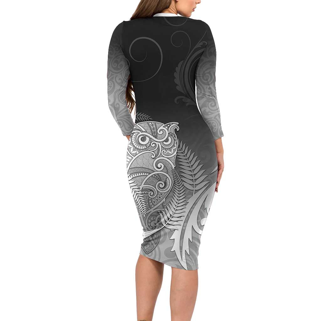 New Zealand Aotearoa Ruru Long Sleeve Bodycon Dress Maori Fern Art Black