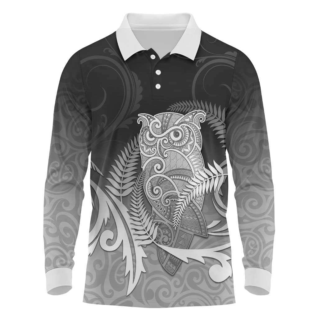 New Zealand Aotearoa Ruru Long Sleeve Polo Shirt Maori Fern Art Black