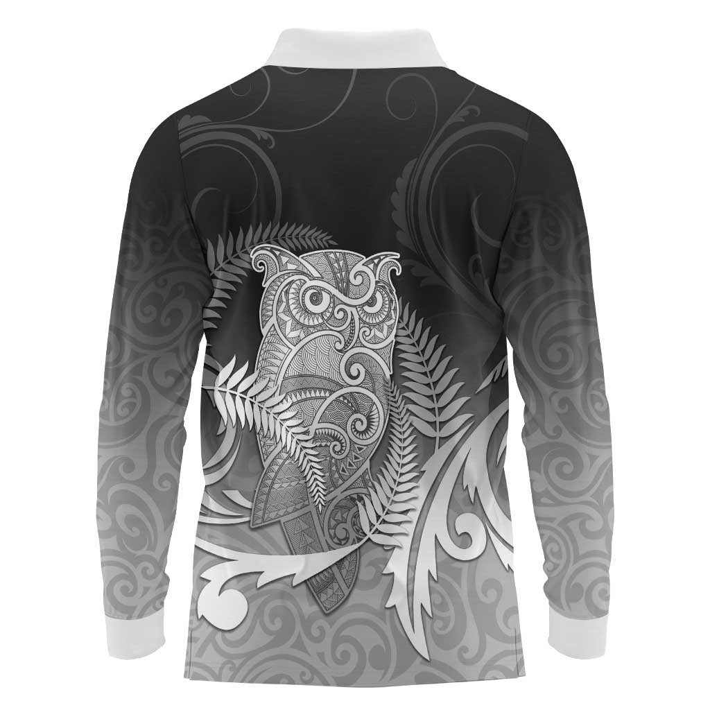 New Zealand Aotearoa Ruru Long Sleeve Polo Shirt Maori Fern Art Black