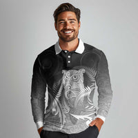 New Zealand Aotearoa Ruru Long Sleeve Polo Shirt Maori Fern Art Black