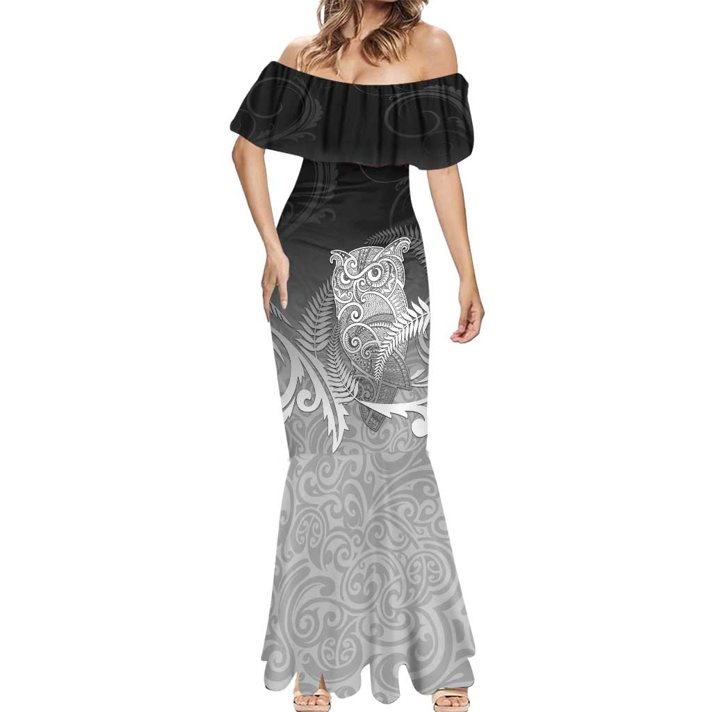 New Zealand Aotearoa Ruru Mermaid Dress Maori Fern Art Black