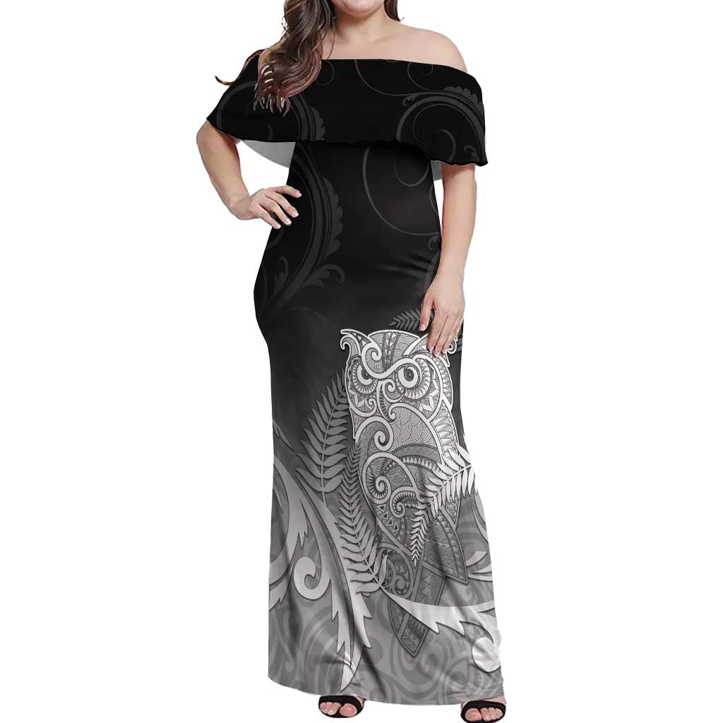 New Zealand Aotearoa Ruru Off Shoulder Maxi Dress Maori Fern Art Black
