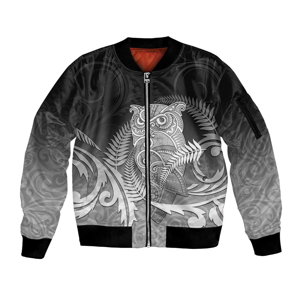 New Zealand Aotearoa Ruru Sleeve Zip Bomber Jacket Maori Fern Art Black