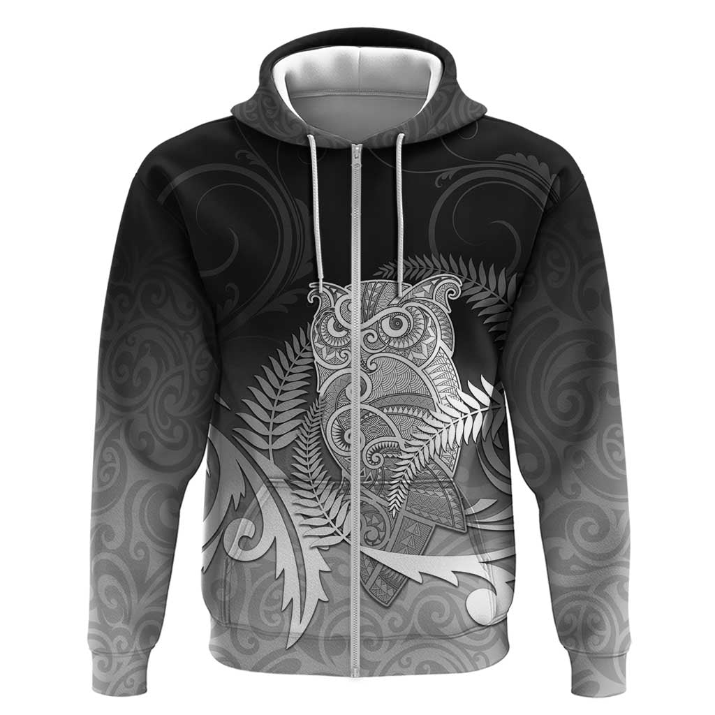New Zealand Aotearoa Ruru Zip Hoodie Maori Fern Art Black