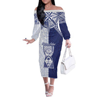 Personalised Northern Mariana Islands And Guam Off The Shoulder Long Sleeve Dress Latte Stone With Tribal Pattern LT05 Women Blue - Polynesian Pride