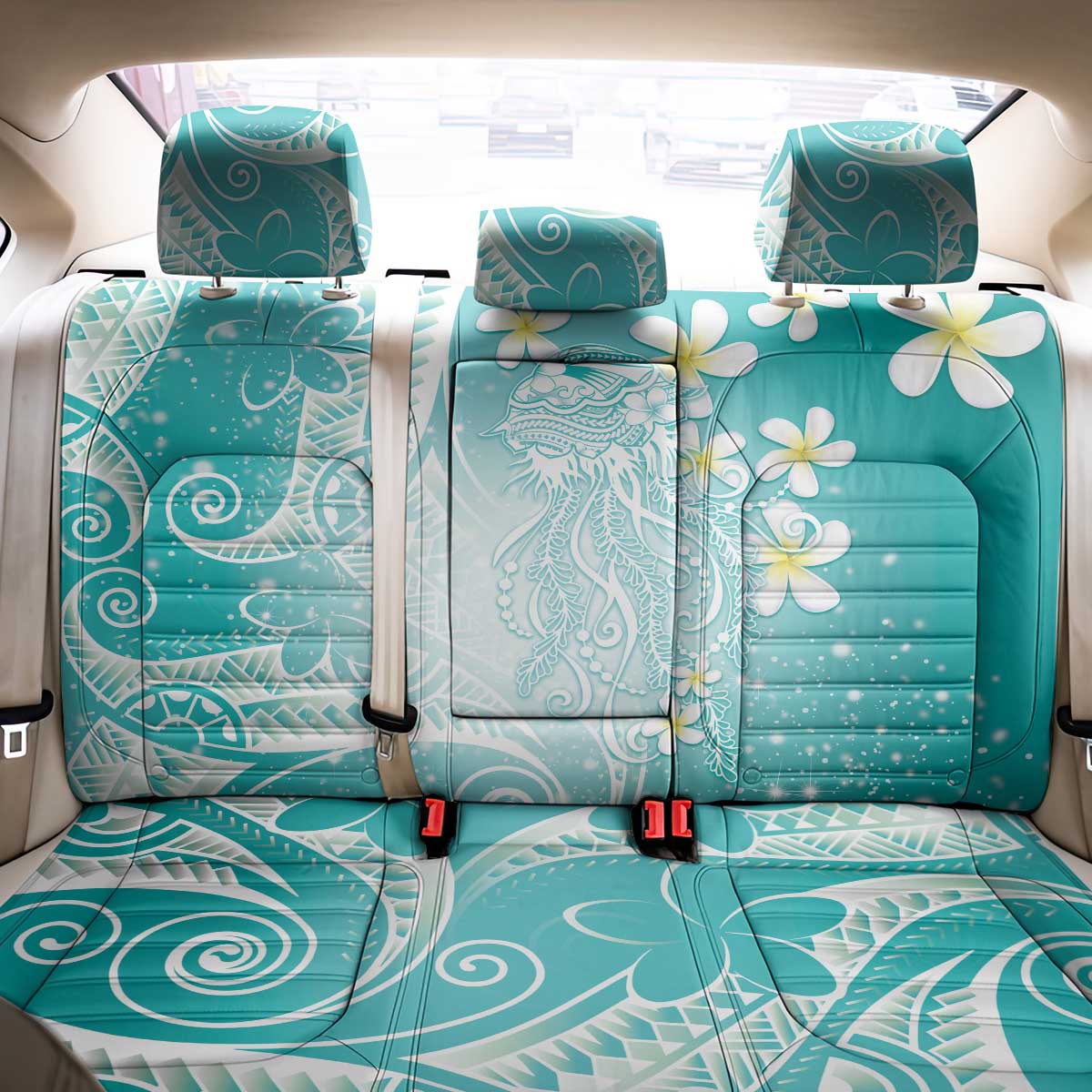 Polynesian Jellyfish Back Car Seat Cover With Plumeria Teal