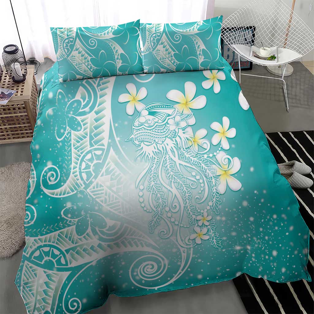 Polynesian Jellyfish Bedding Set With Plumeria Teal
