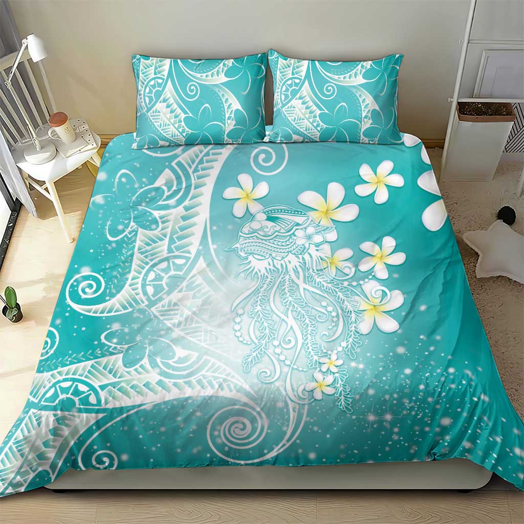 Polynesian Jellyfish Bedding Set With Plumeria Teal