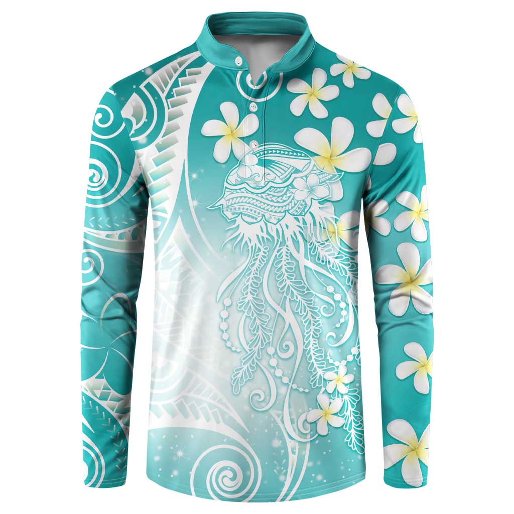 Polynesian Jellyfish Button Sweatshirt With Plumeria Teal