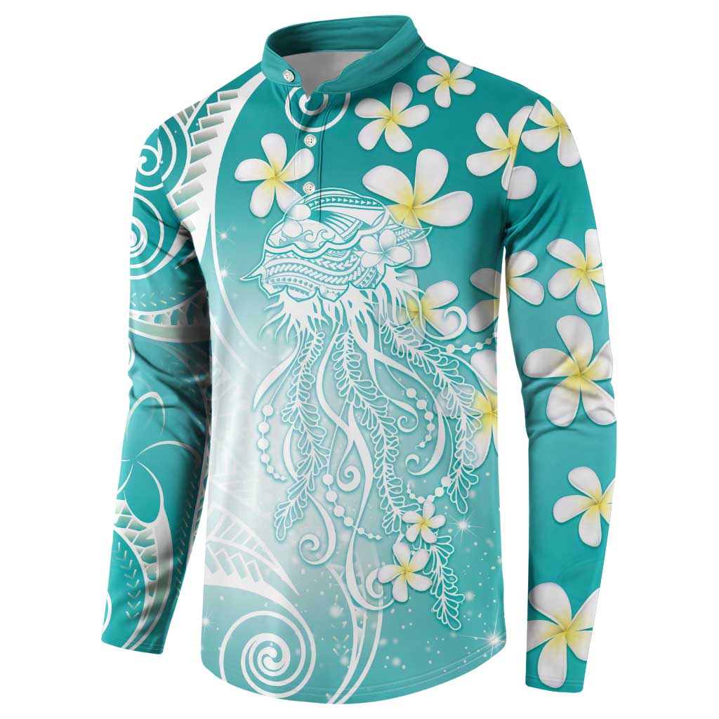 Polynesian Jellyfish Button Sweatshirt With Plumeria Teal
