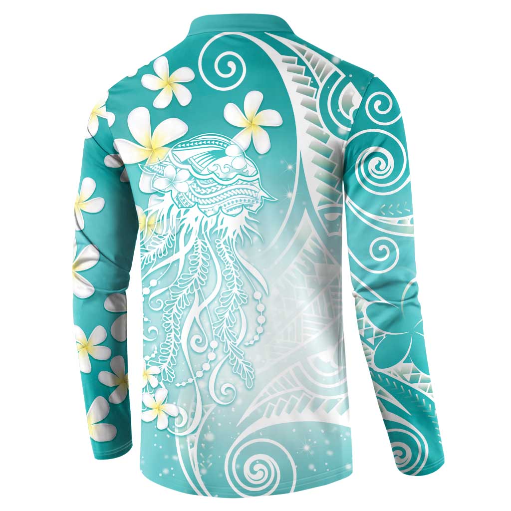 Polynesian Jellyfish Button Sweatshirt With Plumeria Teal