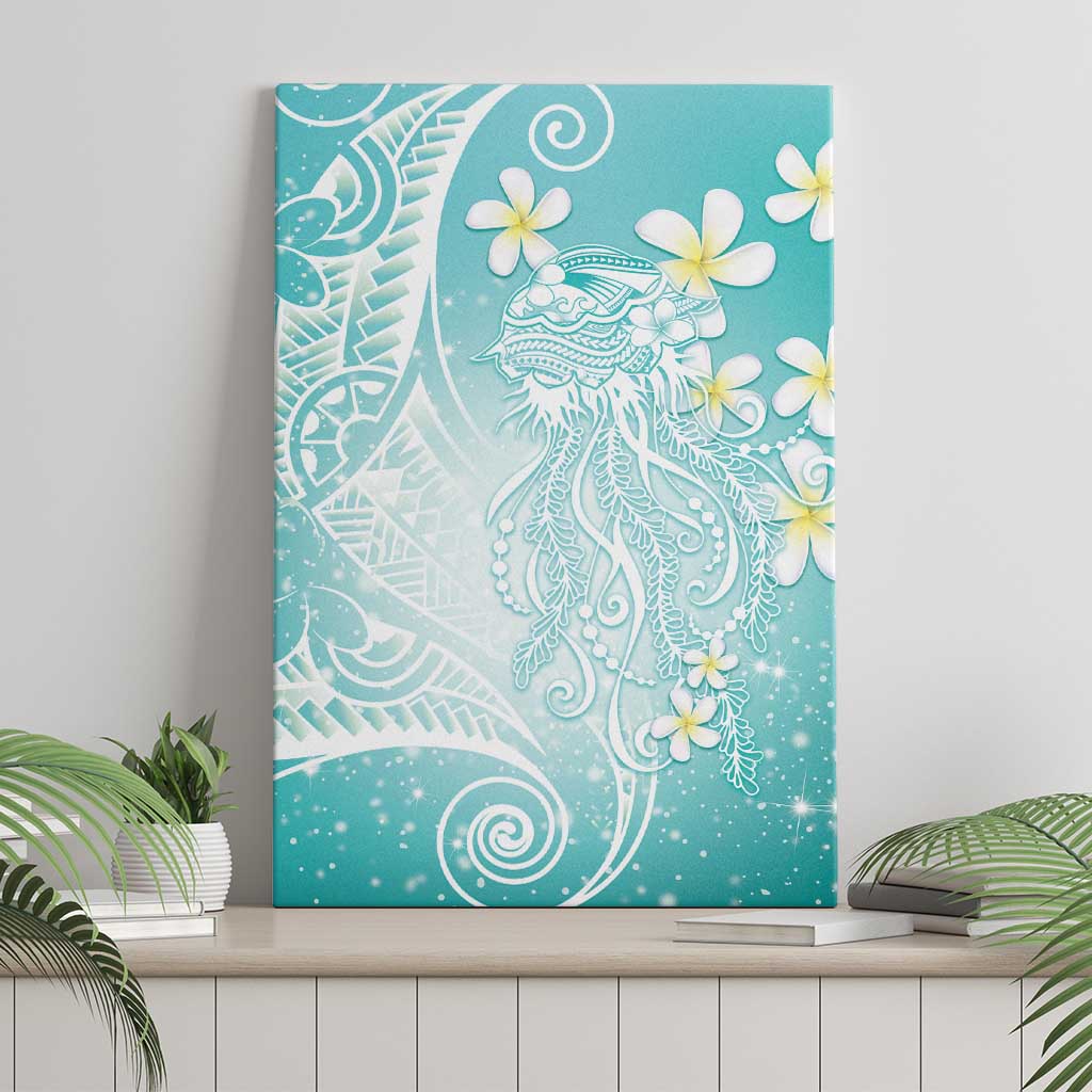 Polynesian Jellyfish Canvas Wall Art With Plumeria Teal