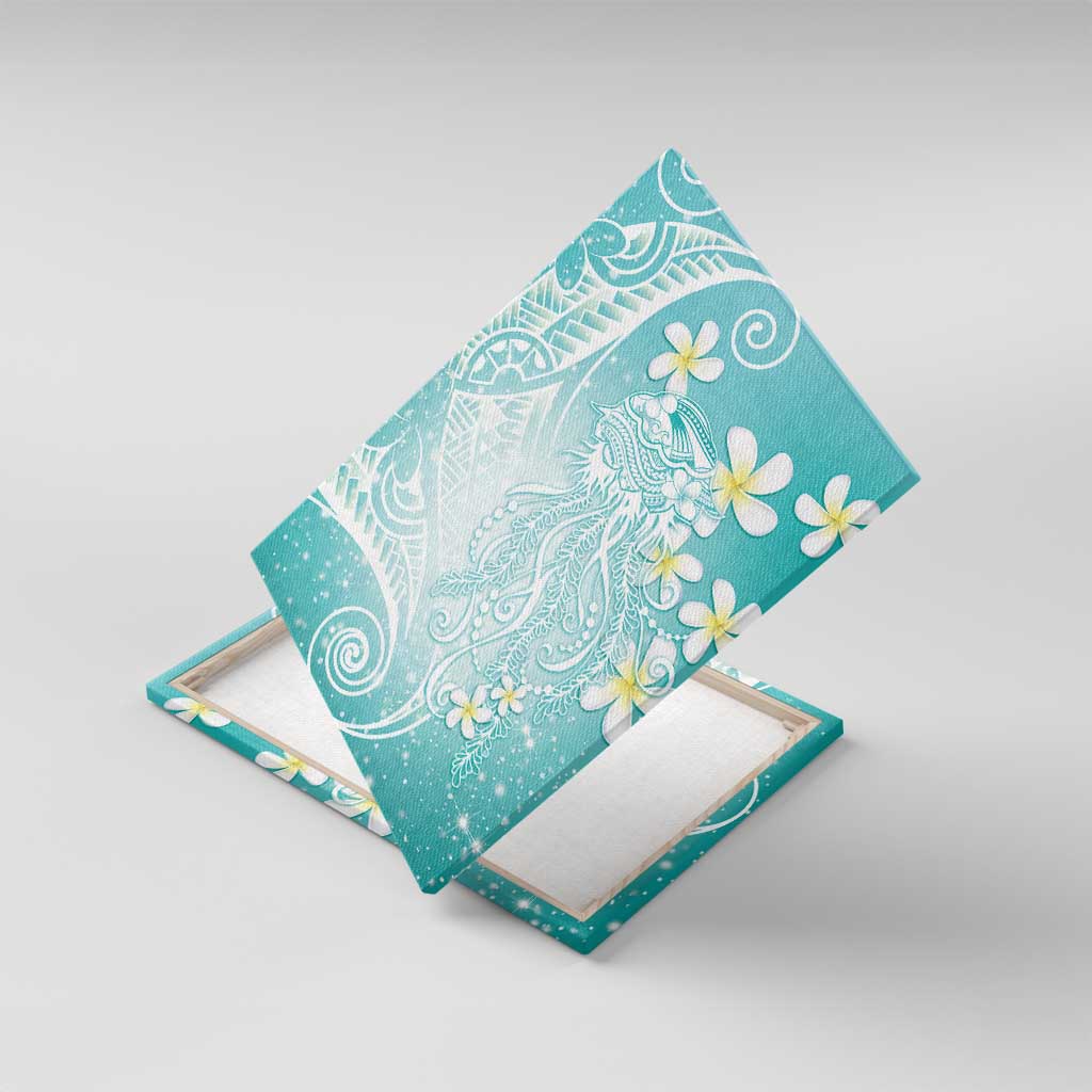 Polynesian Jellyfish Canvas Wall Art With Plumeria Teal