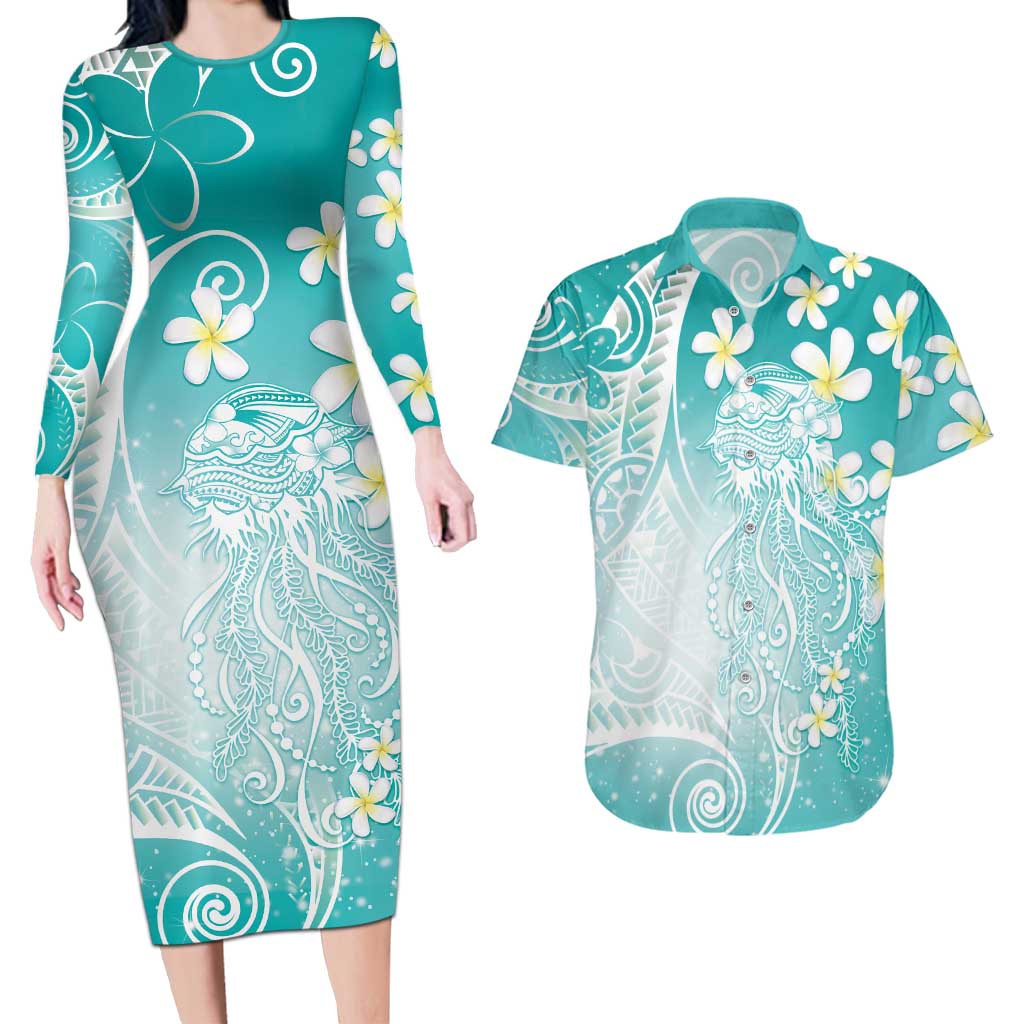 Polynesian Jellyfish Couples Matching Long Sleeve Bodycon Dress and Hawaiian Shirt With Plumeria Teal