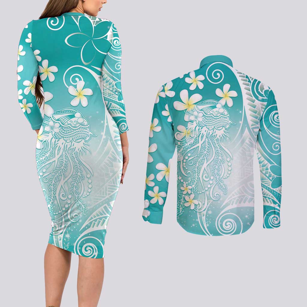 Polynesian Jellyfish Couples Matching Long Sleeve Bodycon Dress and Long Sleeve Button Shirt With Plumeria Teal