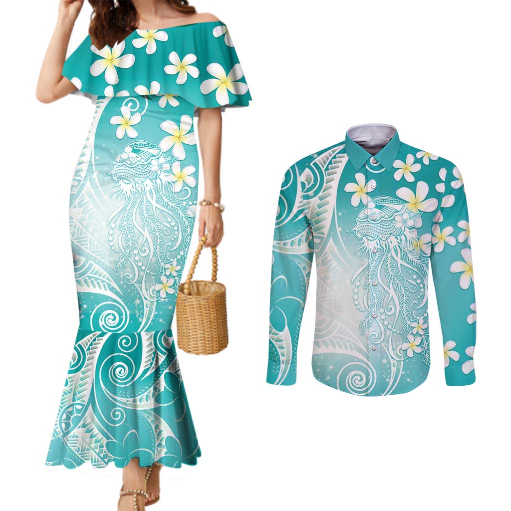 Polynesian Jellyfish Couples Matching Mermaid Dress and Long Sleeve Button Shirt With Plumeria Teal