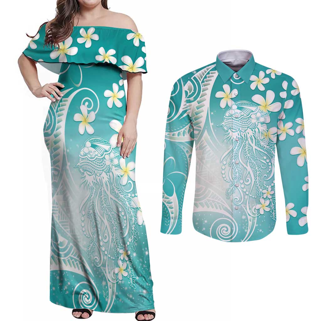 Polynesian Jellyfish Couples Matching Off Shoulder Maxi Dress and Long Sleeve Button Shirt With Plumeria Teal
