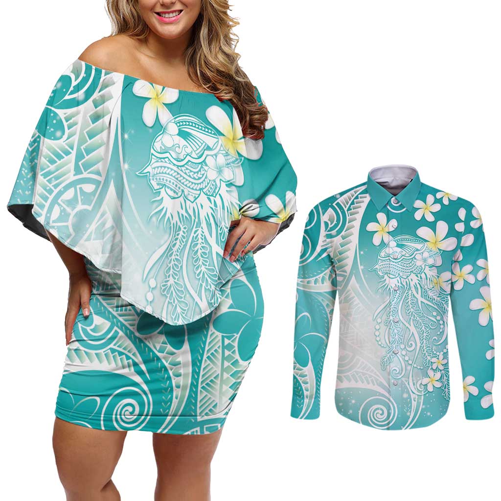 Polynesian Jellyfish Couples Matching Off Shoulder Short Dress and Long Sleeve Button Shirt With Plumeria Teal