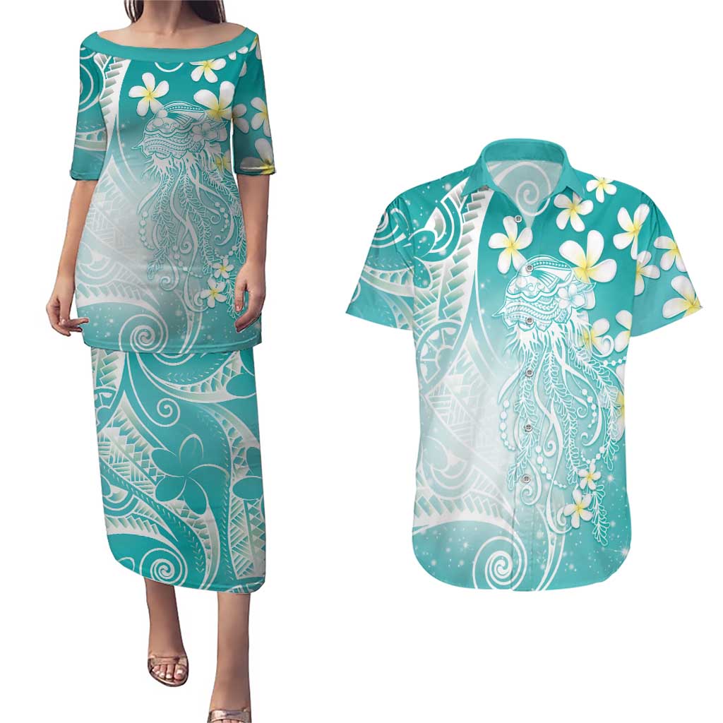 Polynesian Jellyfish Couples Matching Puletasi and Hawaiian Shirt With Plumeria Teal