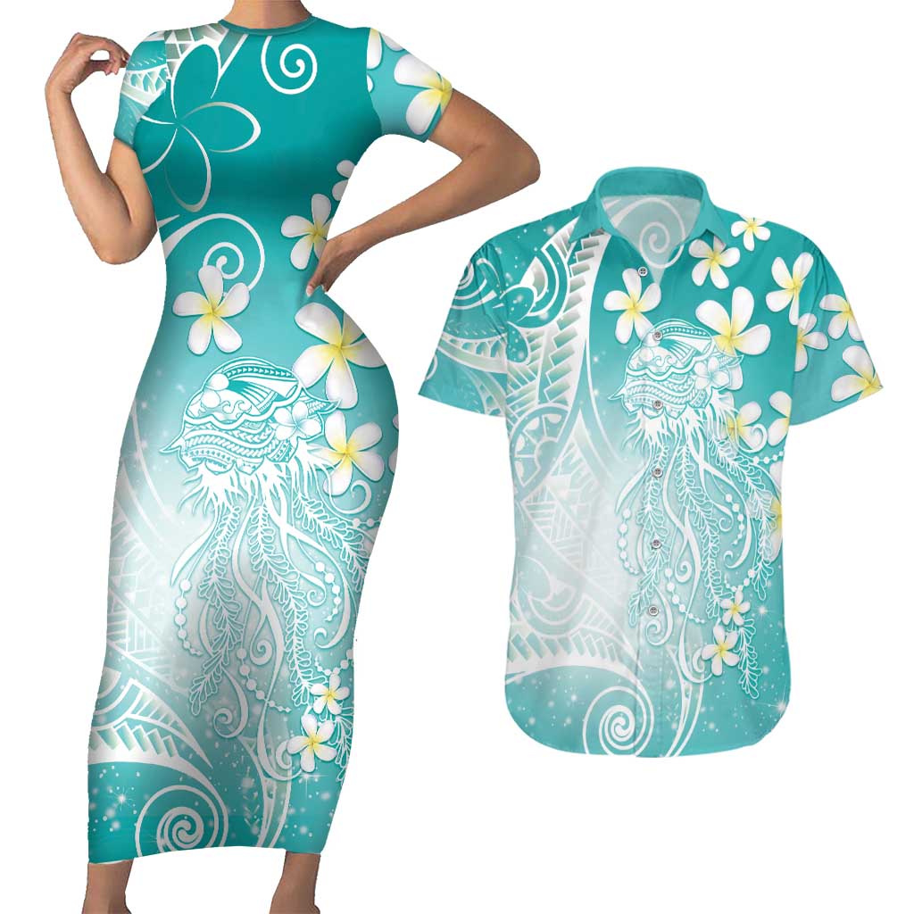 Polynesian Jellyfish Couples Matching Short Sleeve Bodycon Dress and Hawaiian Shirt With Plumeria Teal