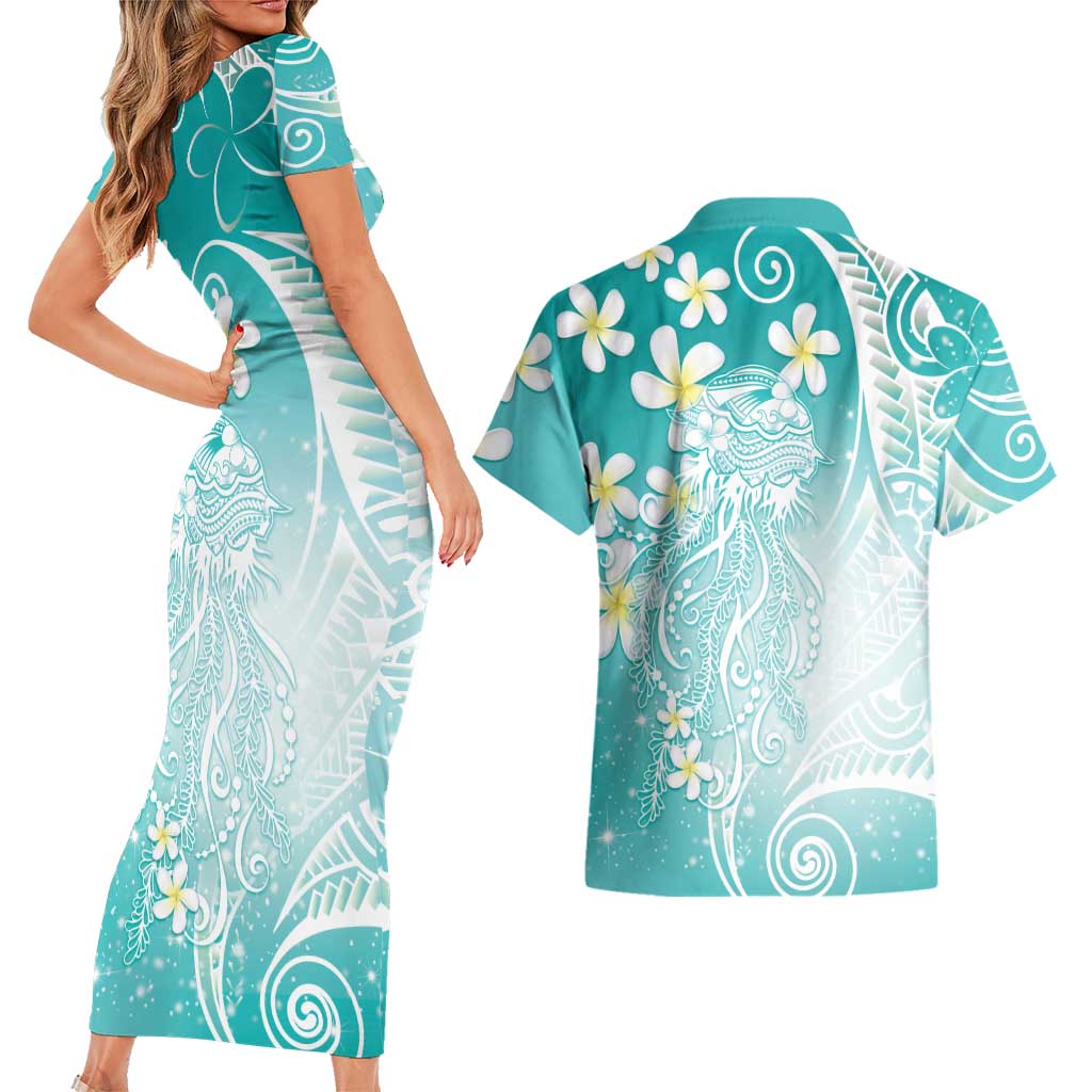 Polynesian Jellyfish Couples Matching Short Sleeve Bodycon Dress and Hawaiian Shirt With Plumeria Teal