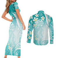 Polynesian Jellyfish Couples Matching Short Sleeve Bodycon Dress and Long Sleeve Button Shirt With Plumeria Teal