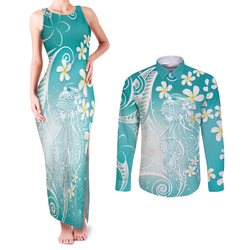 Polynesian Jellyfish Couples Matching Tank Maxi Dress and Long Sleeve Button Shirt With Plumeria Teal