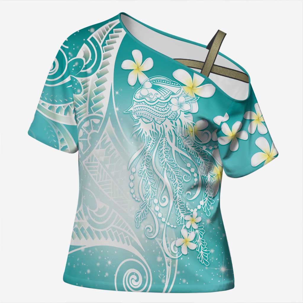 Polynesian Jellyfish Cross Shoulder Shirt With Plumeria Teal