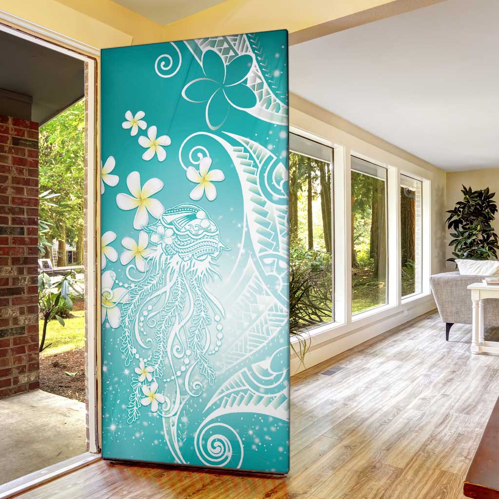 Polynesian Jellyfish Door Cover With Plumeria Teal