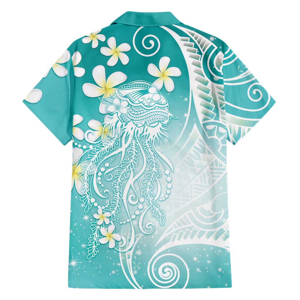 Polynesian Jellyfish Family Matching Long Sleeve Bodycon Dress and Hawaiian Shirt With Plumeria Teal