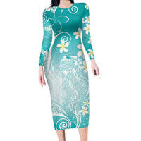 Polynesian Jellyfish Family Matching Long Sleeve Bodycon Dress and Hawaiian Shirt With Plumeria Teal