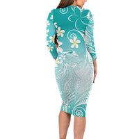 Polynesian Jellyfish Family Matching Long Sleeve Bodycon Dress and Hawaiian Shirt With Plumeria Teal