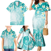 Polynesian Jellyfish Family Matching Mermaid Dress and Hawaiian Shirt With Plumeria Teal