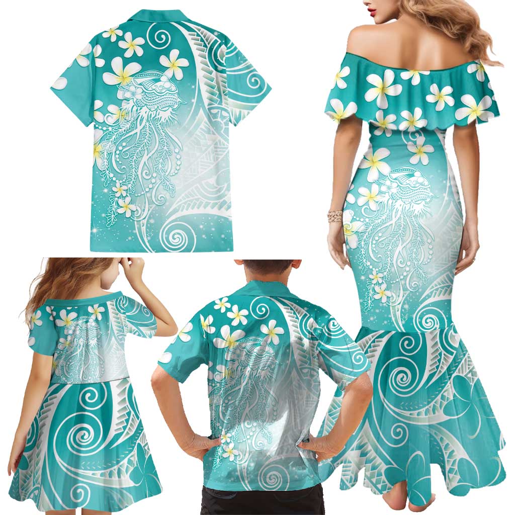 Polynesian Jellyfish Family Matching Mermaid Dress and Hawaiian Shirt With Plumeria Teal