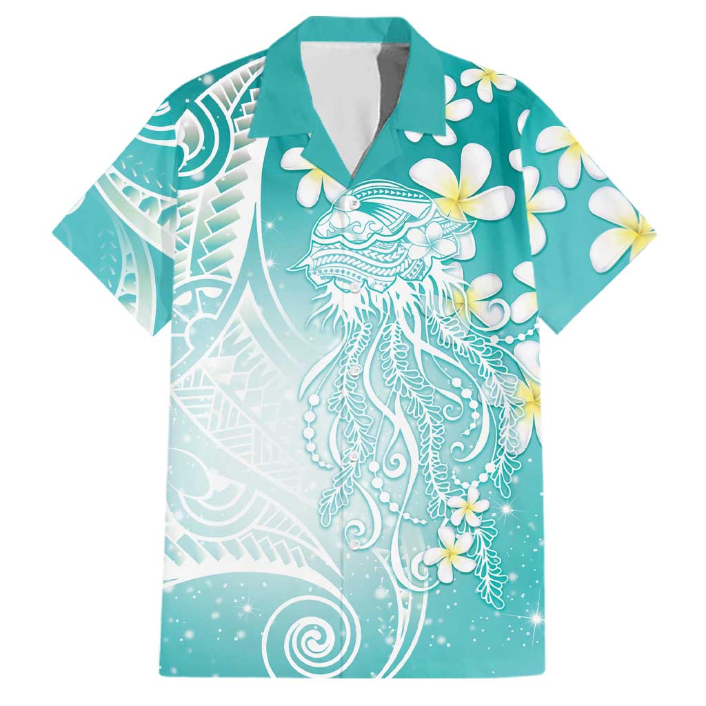 Polynesian Jellyfish Family Matching Mermaid Dress and Hawaiian Shirt With Plumeria Teal
