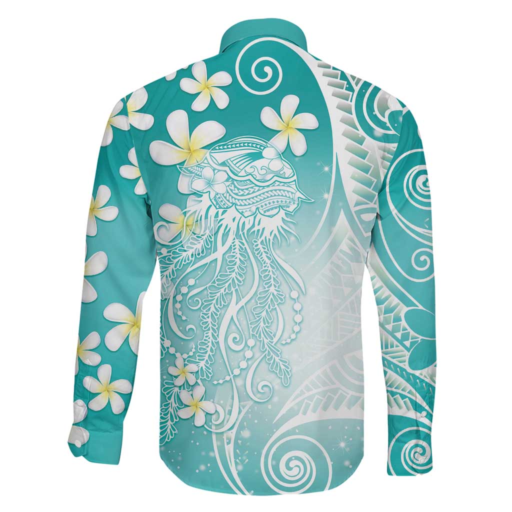 Polynesian Jellyfish Family Matching Mermaid Dress and Hawaiian Shirt With Plumeria Teal