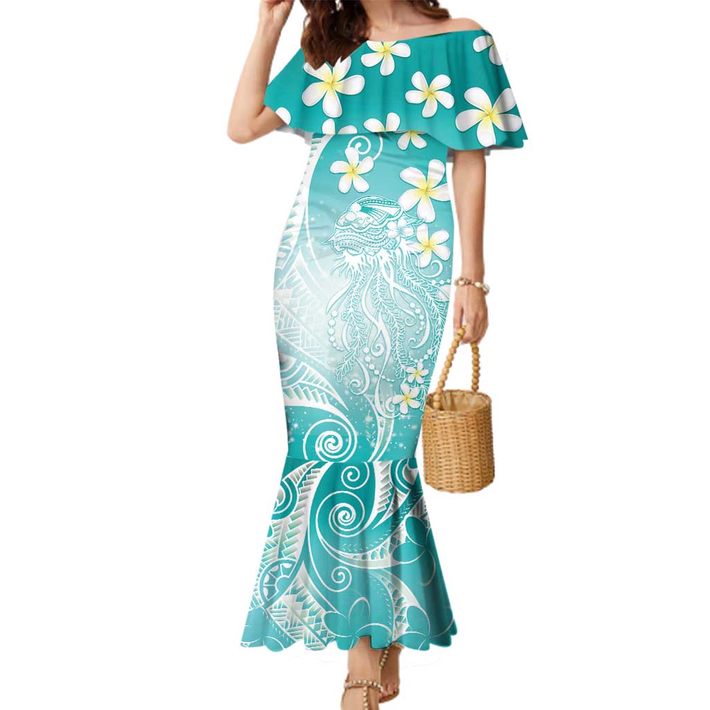 Polynesian Jellyfish Family Matching Mermaid Dress and Hawaiian Shirt With Plumeria Teal