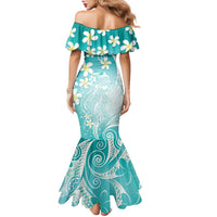 Polynesian Jellyfish Family Matching Mermaid Dress and Hawaiian Shirt With Plumeria Teal