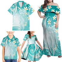 Polynesian Jellyfish Family Matching Off Shoulder Maxi Dress and Hawaiian Shirt With Plumeria Teal