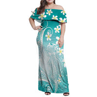 Polynesian Jellyfish Family Matching Off Shoulder Maxi Dress and Hawaiian Shirt With Plumeria Teal