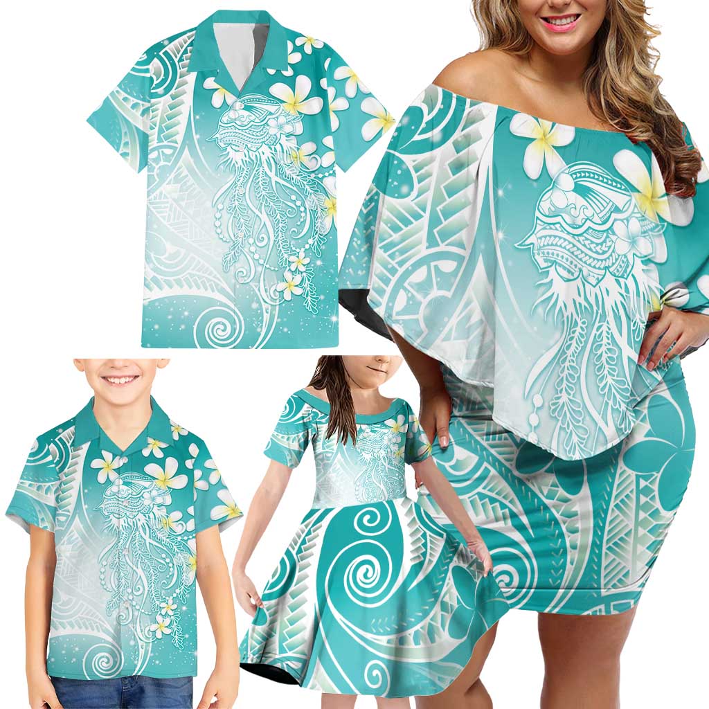 Polynesian Jellyfish Family Matching Off Shoulder Short Dress and Hawaiian Shirt With Plumeria Teal