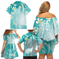 Polynesian Jellyfish Family Matching Off Shoulder Short Dress and Hawaiian Shirt With Plumeria Teal
